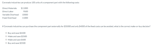 Coronado Industries can produce 100 units of a component part with the following costs: Direct Materials Direct Labor Variabl