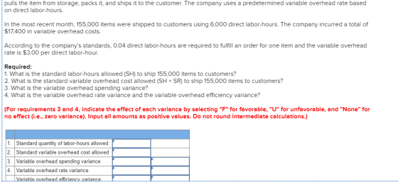 pulls the item from storage, packs it, and ships it to the customer. The company uses a predetermined variable overhead rate