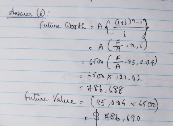 Ansauen (6): Future Worth & Ad Ati)n-18 & A (fon, i) = 6500 C 145,0-08) 26600 X 121.02 - 186, 688 future Value = (45,084 5650
