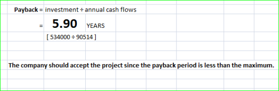Payback = investment + annual cash flows 5.90 YEARS ( 534000 - 90514] The company should accept the project since the payback