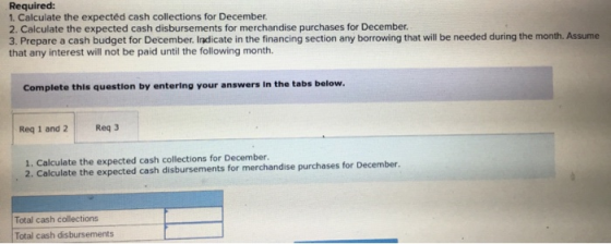 Required: 1. Calculate the expected cash collections for December 2. Calculate the expected cash disbursements for merchandis