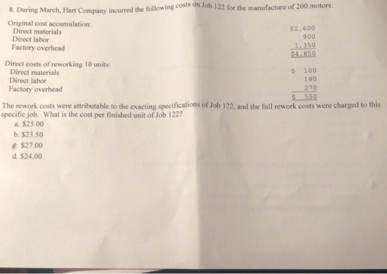 8. During March, Hart Company incurred the following cos Job 122 for the manufacture of 200 motors: Original cost accumulatio