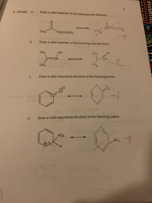 2. (16 pts) a. Draw a valid tautomer of the following keto structure. CH, CH CH.CH b. Draw a valid tautomer of the following