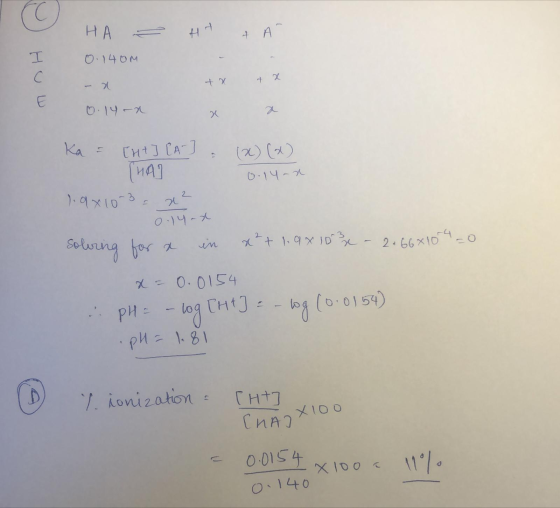 - HA 0.140M - x 0.14-n Hit - + x & A - + x HUW Ka = [ht] [A-] = и4) 1.9x10-3 = x² (x) (x) 0.14-a 0.14-x solving for & in x²+