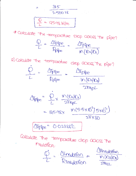 315 2500& 오-12598 W/m atue lop aaasr the pipe? Colculale.the tempooue drp co.,he pe? pipe TYpl Calculate The tenposatue chop