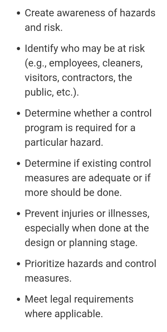 • Create awareness of hazards and risk. • Identify who may be at risk (e.g., employees, cleaners, visitors, contractors, the