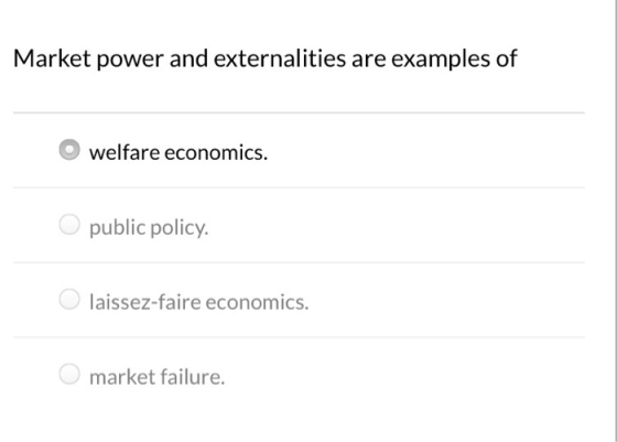 Market power and externalities are examples of welfare economics. public policy. O laissez-faire economics. O market failure.