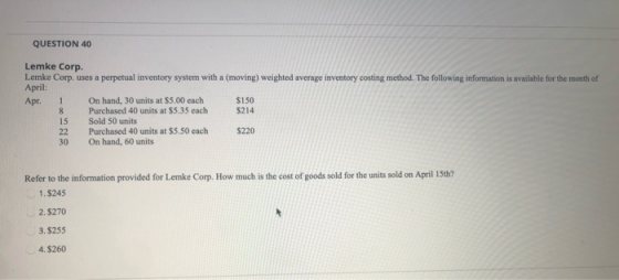 QUESTION 40 Lemke Corp. Lemke Corp. uses a perpetual inventory system with a moving) weighted average inventory costing metho