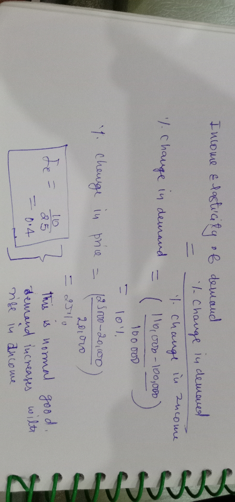 Income & lasticity of demand = 1 Change in demoned Y change in ancome 7. Change in demand = ( 119,000 - 100.000 100000 = 10l