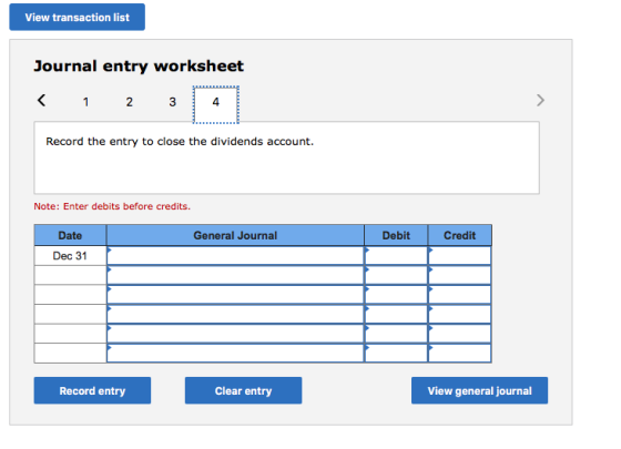 View transaction list Journal entry worksheet Record the entry to close the dividends account. Note: Enter debits before cred
