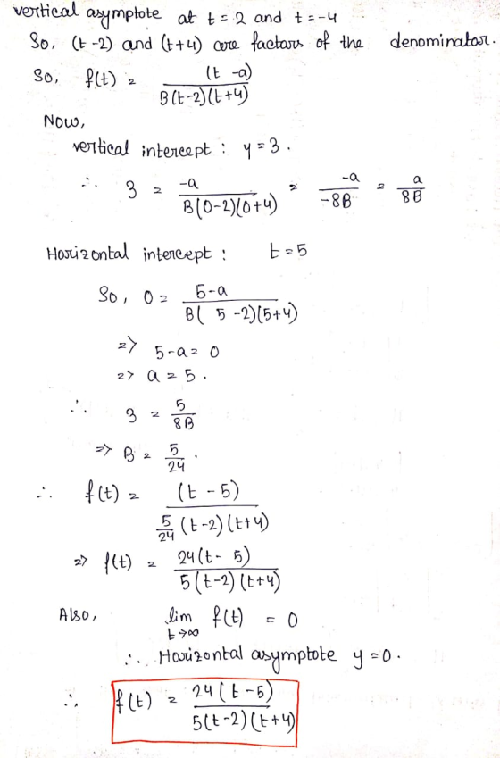 denominator vertical asymptote at t = 2 and t3-4 So, (+-2) and (t+4) cere factors of the f(t) (t -a) Bit-2)(t+4 Now, vertical