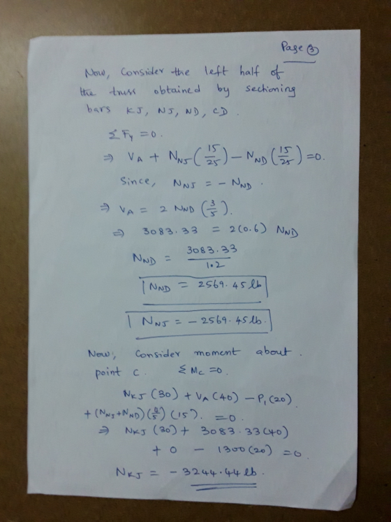 Page ③ Now, consider the left half of the truss obtained by sectioning bars KJ, NJ, ND, CD & Fy=0. VAT Nos ( 1 ) - NND (55) =