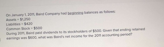 On January 1, 2011, Baird Company had beginning balances as follows: Assets = $1,250 Liabilities = $420 Common Stock $500 %3!