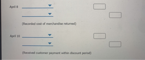 April 8 (Recorded cost of merchandise returned) April 10 _ (Received customer payment within discount period)
