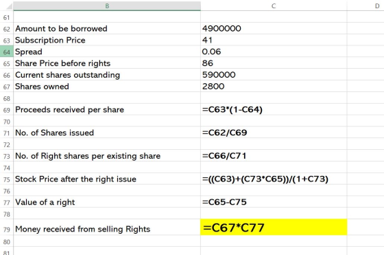- B 61 62 Amount to be borrowed 63 Subscription Price 64 Spread 65 Share Price before rights Current shares outstanding 67 Sh