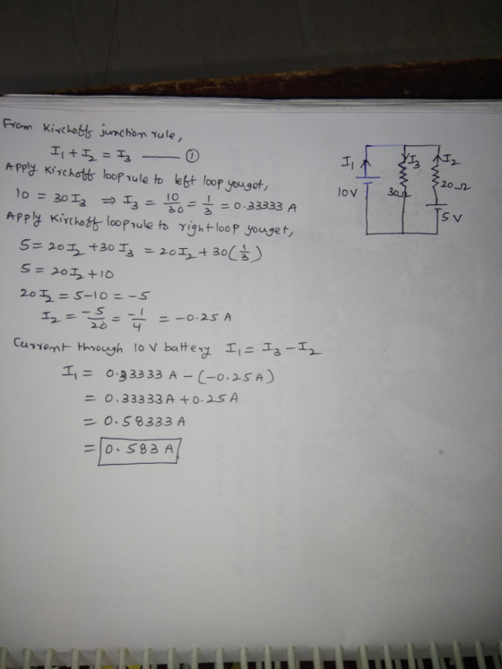From Kischob junchon rule, Apply Kirchortdts loop wule to lebt loop yougot lo = 3018 ,エ3-10 =0.33333 A 0.3 33 33 A-(-0.25 A)