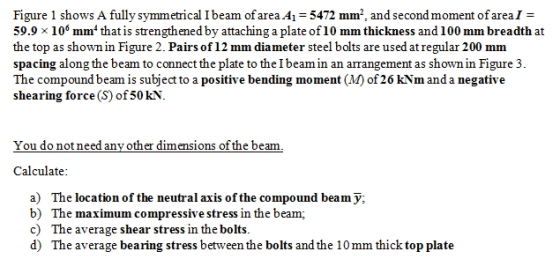 Figure 1 shows A fully symmetrical I beam of area A1 = 5472 mm?, and second moment of areal = 59.9 x 10 mm that is strengthe