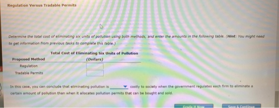 Regulation Versus Tradable Permits Determine the total cost of eliminating six units of pollution using both methods, and ent