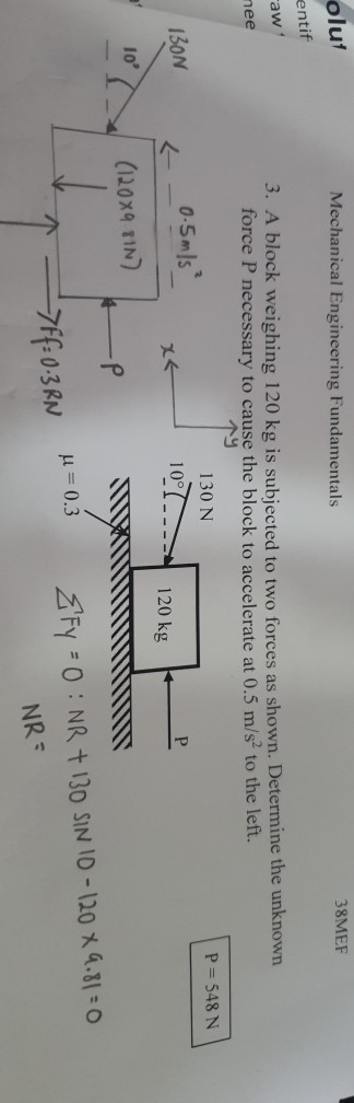 Mechanical Engineering Fundamentals 38MEF olut entif aw 3. A block weighing 120 kg is subjected to two forces as shown. Deter