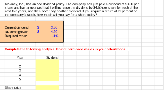 Please Use Excel Formula To Show Work Thank You Maloney Inc Has An Odd Dividend Policy 