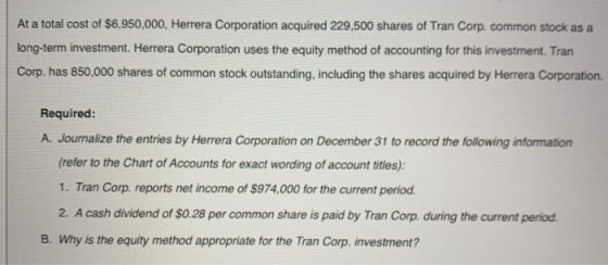 At a total cost of $6,950,000, Herrera Corporation acquired 229,500 shares of Tran Corp. common stock as a long-term investme