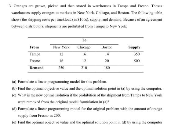3. Oranges are grown, picked and then stored in warehouses in Tampa and Fresno. Theses warehouses supply oranges to markets i