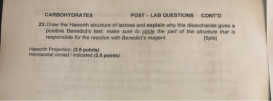 CARBOHYDRATES POST-LAB QUESTIONS CONTD 23.Draw the Haworth structure of lactose and explain why this disaccharide gives a po