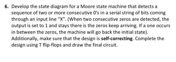 6. Develop the state diagram for a Moore state machine that detects a sequence of two or more consecutive 0s in a serial string of bits coming through an input line X. (When two consecutive zeros are detected, the output is set to 1 and stays there is the zeros keep arriving. If a one occurs in between the zeros, the machine will go back the initial state) Additionally, make sure that the design is self-correcting. Complete the design using T flip-flops and draw the final circuit.