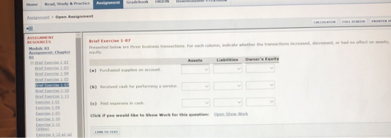 Assignment Open Assignment Module Ass 1 Brief Exercise 1-07 Presented below are three business transactions for each column,