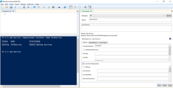 Windows Power Shell ISE Fle Edt Vew Tools Debug Add-ons Help Untitled! ps1 × | Commands X Modules A Get-Service Get Senvice N
