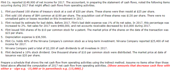 Flint Co. reported $149,900 of net income for 2017. The accountant, in preparing the statement of cash flows, noted the follo