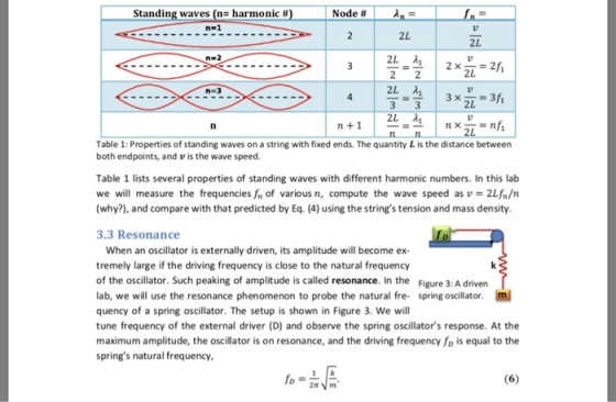Standing waves (n n-1 harmonic # Node # 2L 2L 2L n-3 n + 1 Table 1: Properties of standing waves on a string with fixed ends.