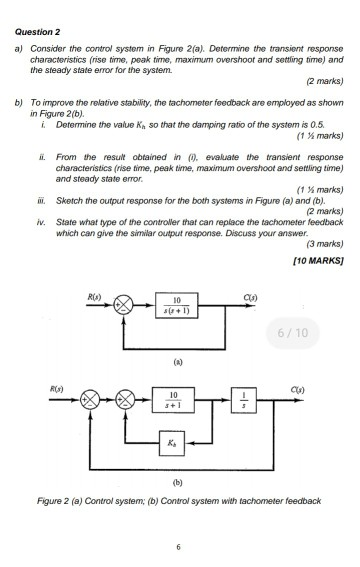 Question 2 a) Consider the control system in Figure 2(a). Determine the transient response characteristics (rise time, peak t