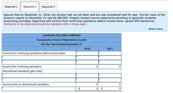 Required 1 Required 2 Required 3 Assume that by December 31, 2018, the division had not yet been sold but was considered held