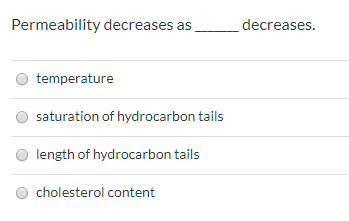 Permeability decreases as ___decreases. temperature saturation of hydrocarbon tails length of hydrocarbon tails cholesterol c