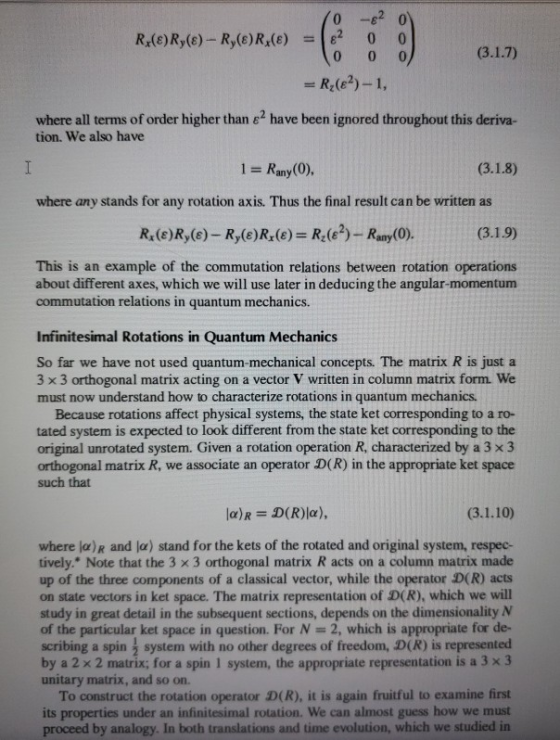 70 -62 ol Rx(E)Ry(8) - Ry(8)R() = 82 0 0 o 0 0 = R(82)-1, (3.1.7) where all terms of order higher than e have been ignored th
