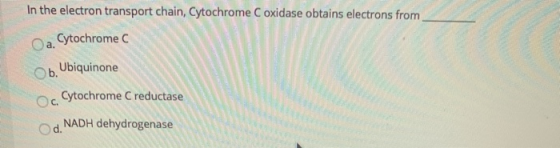 In the electron transport chain, Cytochrome Coxidase obtains electrons from Cytochrome C a. Ob. Ubiquinone Oc Cytochrome Cred