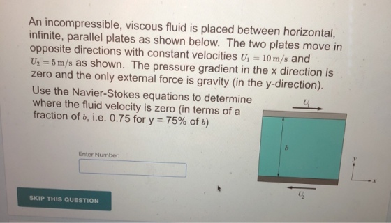 An incompressible, viscous fluid is placed between horizontal, infinite, parallel plates as shown below. The two plates move in opposite directions with constant velocities U 10 m/s and U2 = 5 m/s as shown. The pressure gradient in the x direction is zero and the only external force is gravity (in the y-direction). Use the Navier-Stokes equations to determine where the fluid velocity is zero (in terms of a fraction of b, i.e. 0.75 for y-75% of b) Enter Number .r SKIP THIS QUESTION
