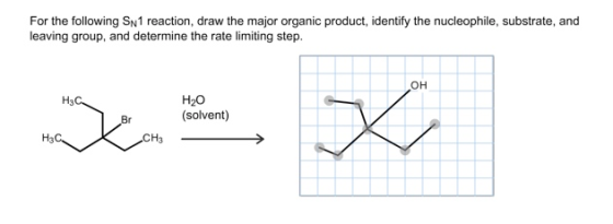 For the following SN 1 reaction, draw the major organic product, identify the nucleophile, substrate, and leaving group, and
