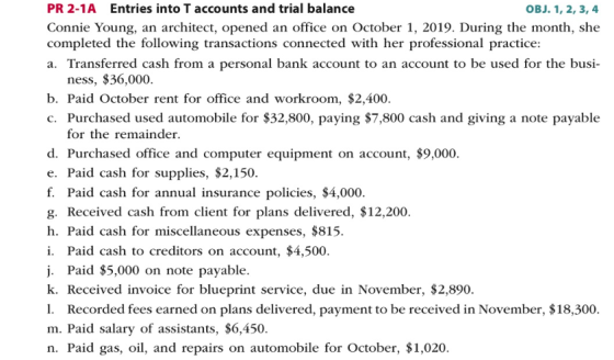 PR 2-1A Entries into T accounts and trial balance OBJ. 1, 2, 3, 4 Connie Young, an architect, opened an office on October 1,