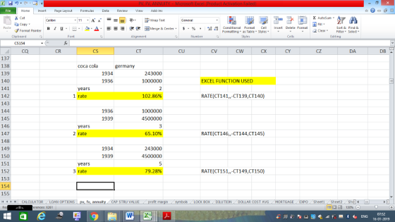 Home nert Page Layout Formulas Data Review View dd-Ins Cut Σ AutoSum ー E ゴWrap Text aCopy в 1 프 . Ej-., Δ. : rーー 逻锂函Merge & Center. $, % , 弼,8 C Conditional Format CeInsert Delete Format Formatting as Table Styles2 Clear Sort &Find & Format Painter Clipboard CS154 CQ Alignment Number Cells Edting CR CS CT CU CV CX CY cZ DA DB 137 138 139 140 141 142 143 144 145 146 147 148 149 150 151 152 153 154 155 44M C coca cola germany 1934 1936 243000 1000000 EXCEL FUNCTION USED years 1 rate 102.86% RATE(CT141,,-CT139,CT140) 1936 1939 1000000 4500000 years 2 rate 65. 1096 RATE(CT146,,-CT144,CT145) 1934 1939 243000 4500000 years 3 rate 79.28% RATE(CT151,,-CT149,CT150) CALCULATOR LOAN OP TIONS pv, fv, annuity CAP STRU VALUE BOX DILUTION DOLLAR CoST AVGMORTGAGE EXPO Sheeti Sheet2 ShelI rences: x261 07:52 16-01-2019