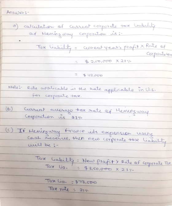 Answer:- a calculation of current corporate tase liability of Meming way corporation is i Tax liability = current years prof