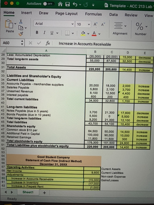 AutoSave OFF Template ACC 213 Lab Home Insert Draw Page Layout Formulas Data Review View Arial A A 10 Paste В IUv A Alignment