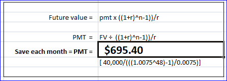 pmt x ((1+r)^n-1))/r Future value = PMT = FV+ ((1+r)^n-1))/r Save each month PMT =|$695.40 [40,000/(((1.0075^48)-1)/0.0075)]