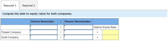 Required 1 Required 2 Compute the debt-to-equity ratios for both companies. Choose Numerator: 1 Choose Denominator: Debt-to-E