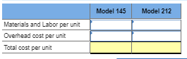 Model 145 Model 212 Materials and Labor per unit Overhead cost per unit Total cost per unit