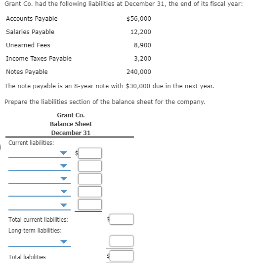 Grant Co. had the following liabilities at December 31, the end of its fiscal year: Accounts Payable $56,000 Salaries Payable