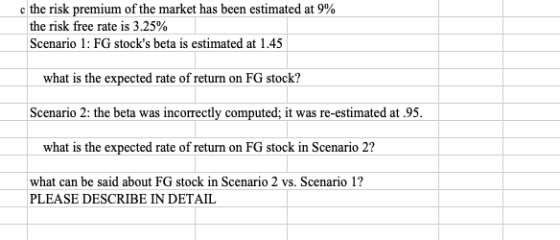 the risk premium of the market has been estimated at 9% the risk free rate is 3.25% Scenario 1: FG stocks beta is estimated at 1.45 what is the expected rate of return on FG stock? Scenario 2: the beta was incorrectly computed; it was re-estimated at .95 what is the expected rate of return on FG stock in Scenario 2? what can be said about FG stock in Scenario 2 vs. Scenario 1? PLEASE DESCRIBE IN DETAIL