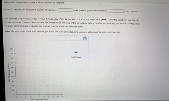 Suppose the government imposes a $4-per-pack tax on suppliers. At this tax amount, the equilibrium quantity of cigarettes is packs, and the government colects5 in tax revenue. Now calculate the governments tax revenue if it sets a tax of so, s the green points (triangle symbol) to plot total tax revenue at each of those tax levels Note: Plot your points in the order in which you would like them connected. Line segments will connect the points automatically. the tar, adjust the Quantny held undl heWedige equals the value of the per-unt taxUig the dta you generate plot Laffer arve by using 300 270 240 210 Laffer Curve 150 120 2 468 10 12 14 16 18 20 TAX (Dollars per pack)