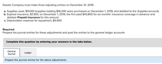Desoto Company must make three adjusting entries on December 31, 2019. a. Supplies used, $10,100 (supplies totaling $16,200 w